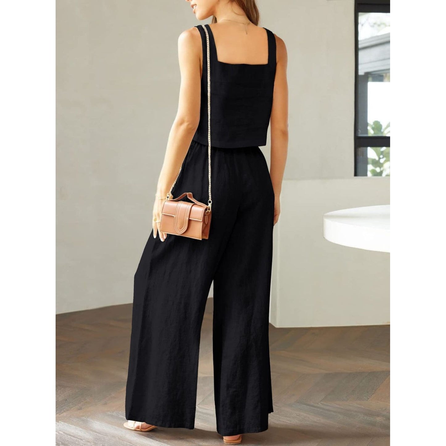 Square Neck Top and Wide Leg Pants Set