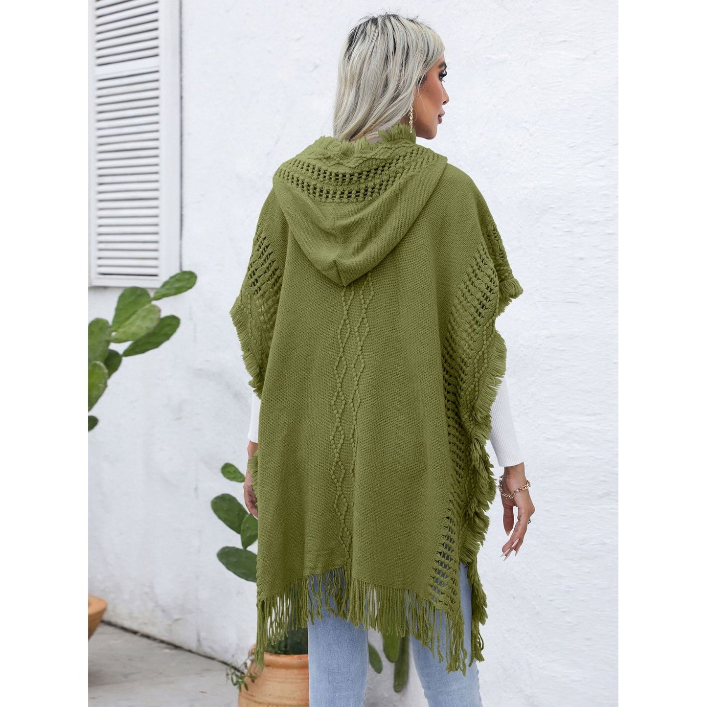 Fringe Trim Buttoned Hooded Poncho