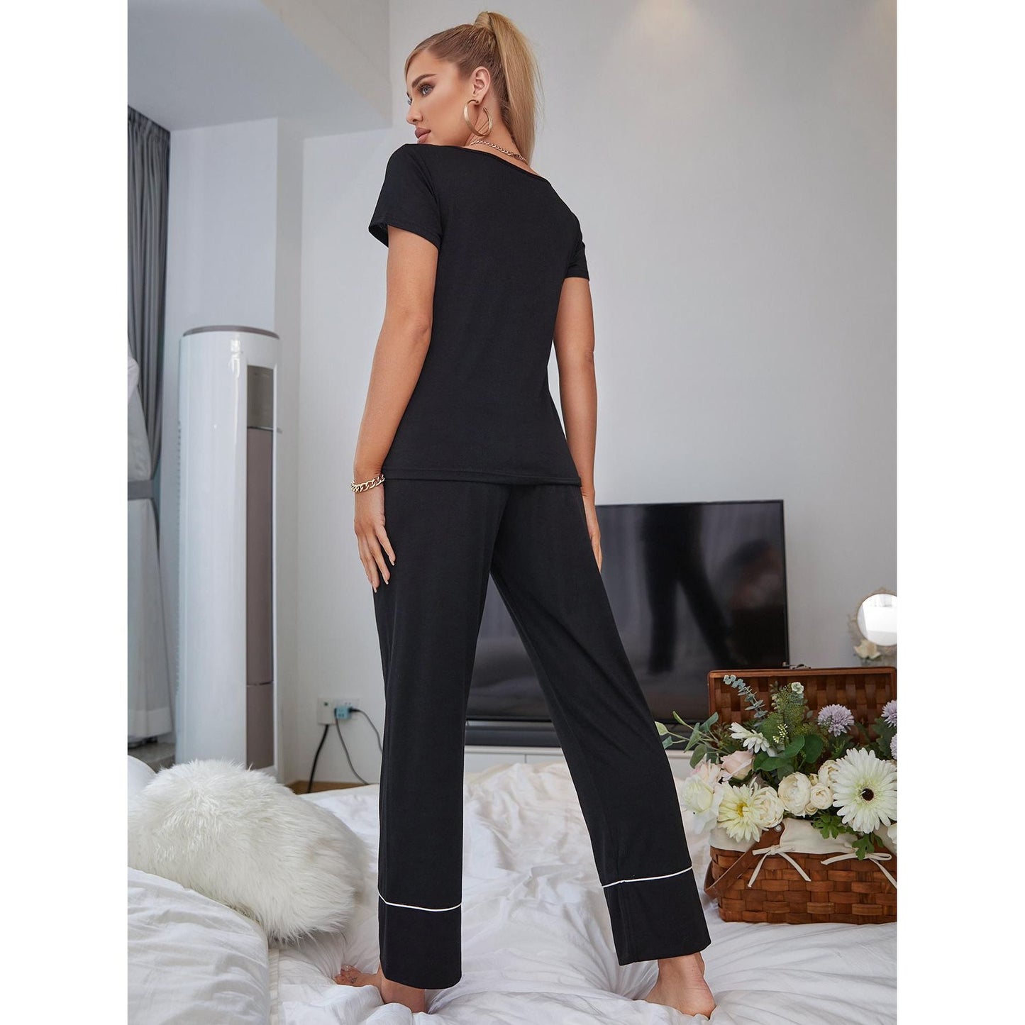 Scoop Neck Top and Elastic Waist Pants Lounge Set