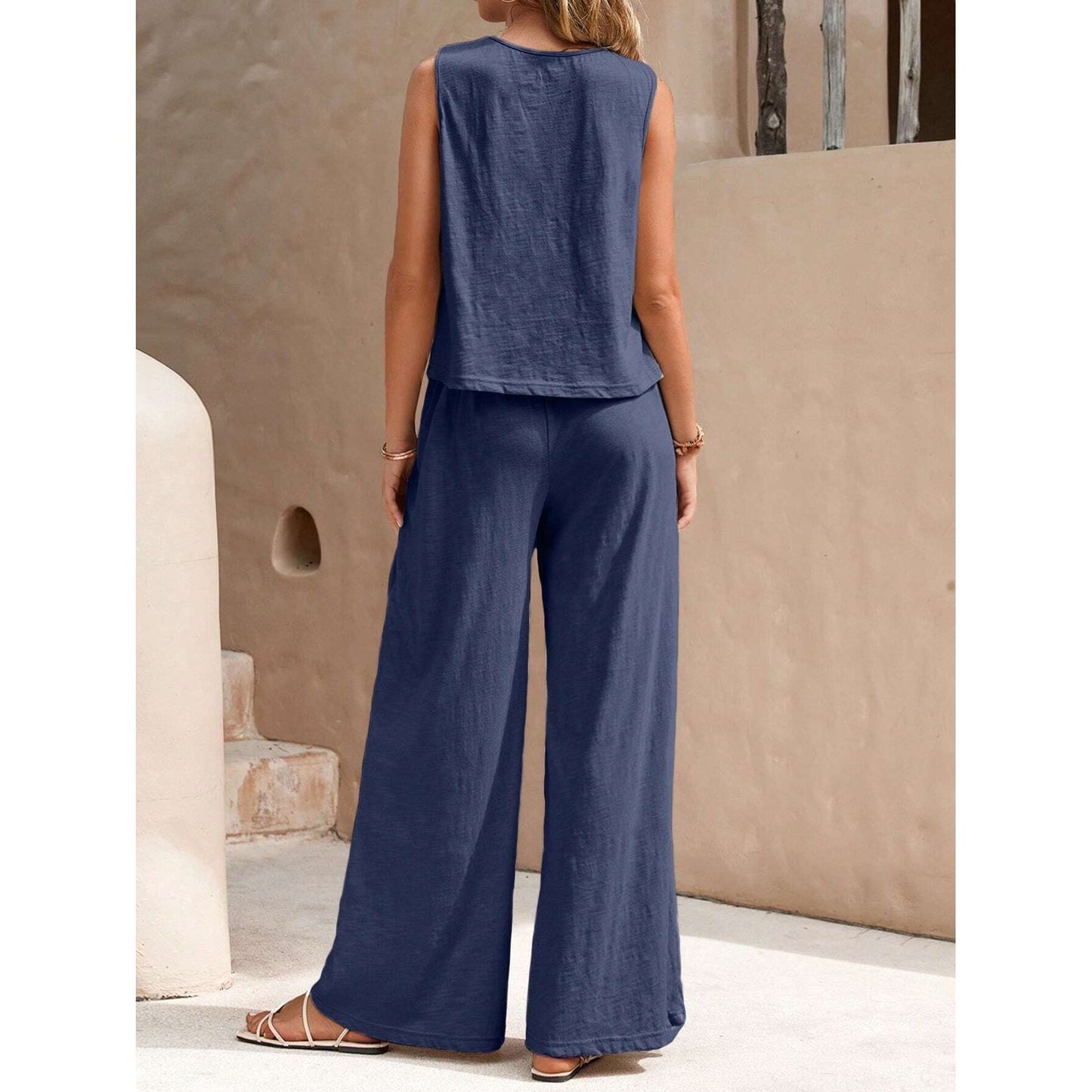 Round Neck Sleeveless Top and Wide Leg Pants Set