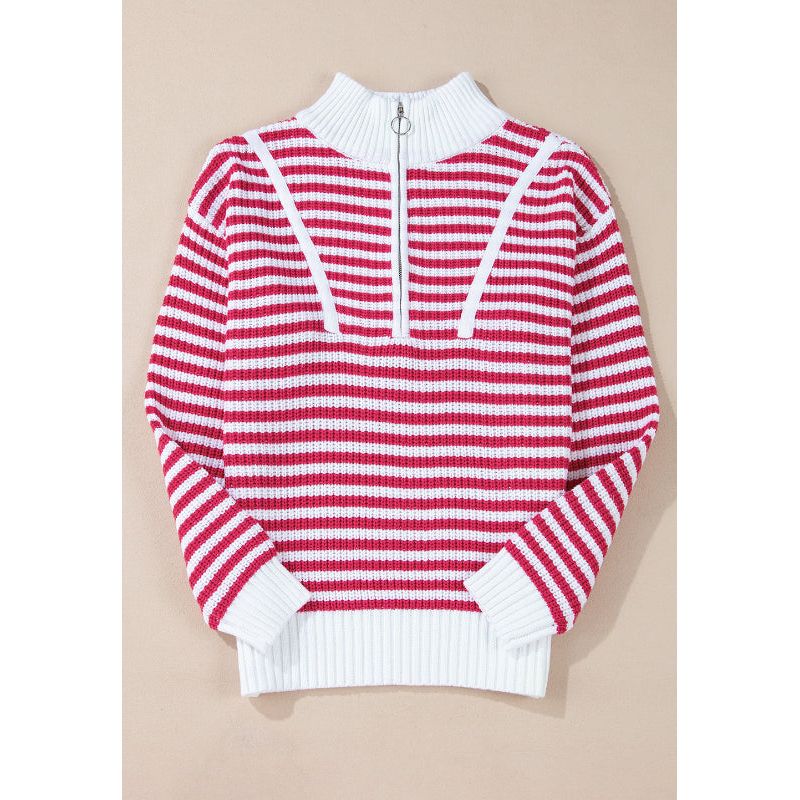 Striped Half Zip Mock Neck Long Sleeve Sweater