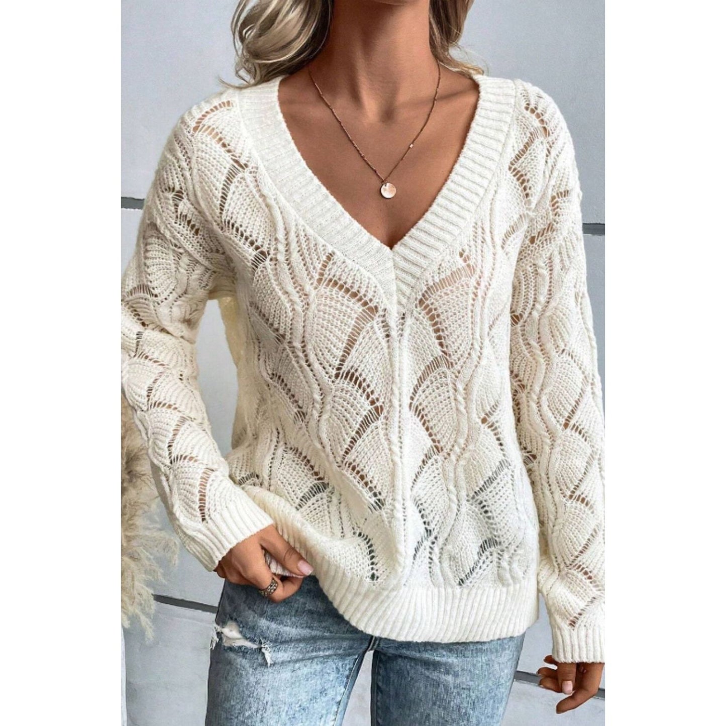 Openwork V-Neck Long Sleeve Sweater