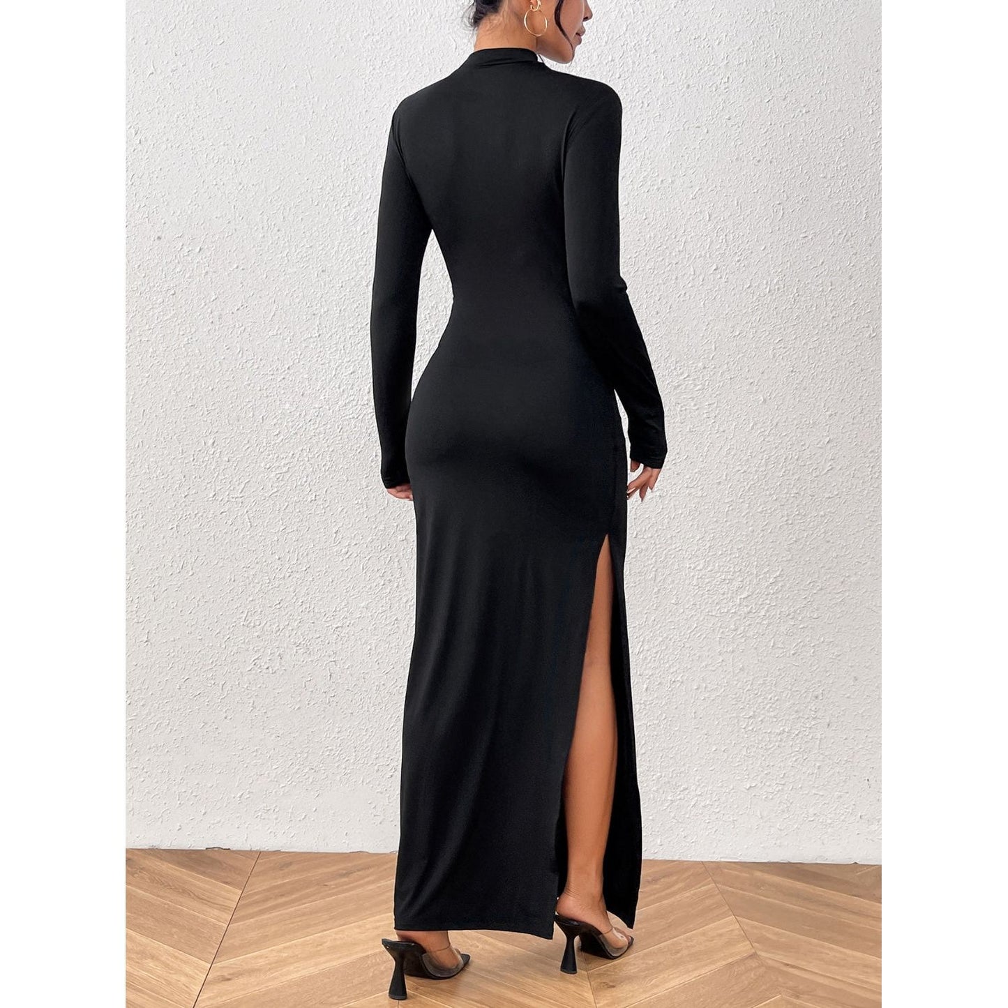 Honey Slit Mock Neck Long Sleeve Maxi Dress