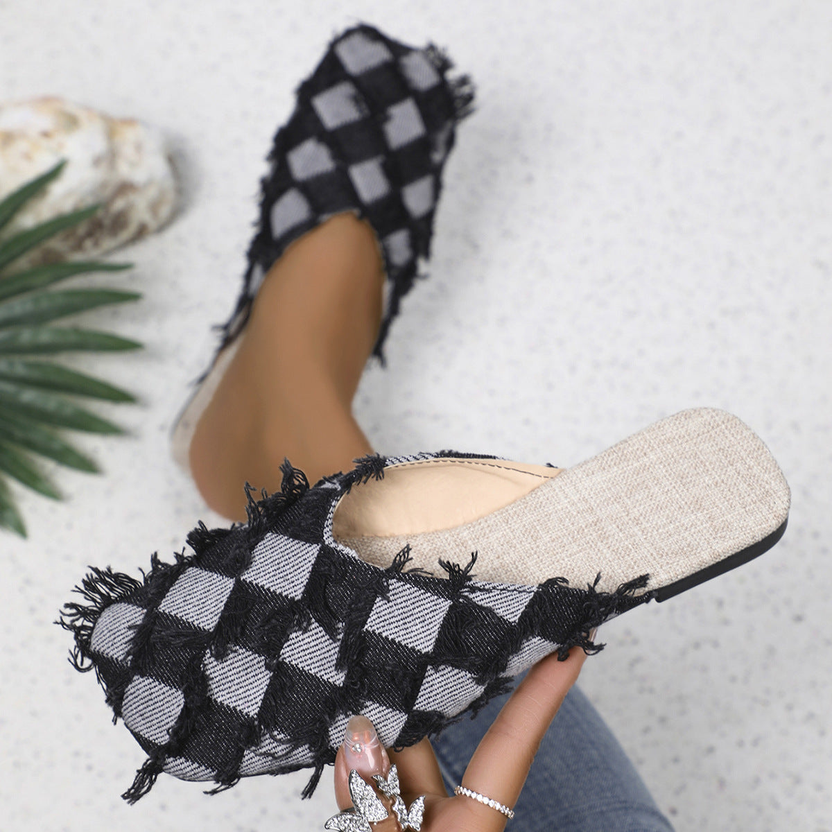 Plaid Square Toe Flat Slippers