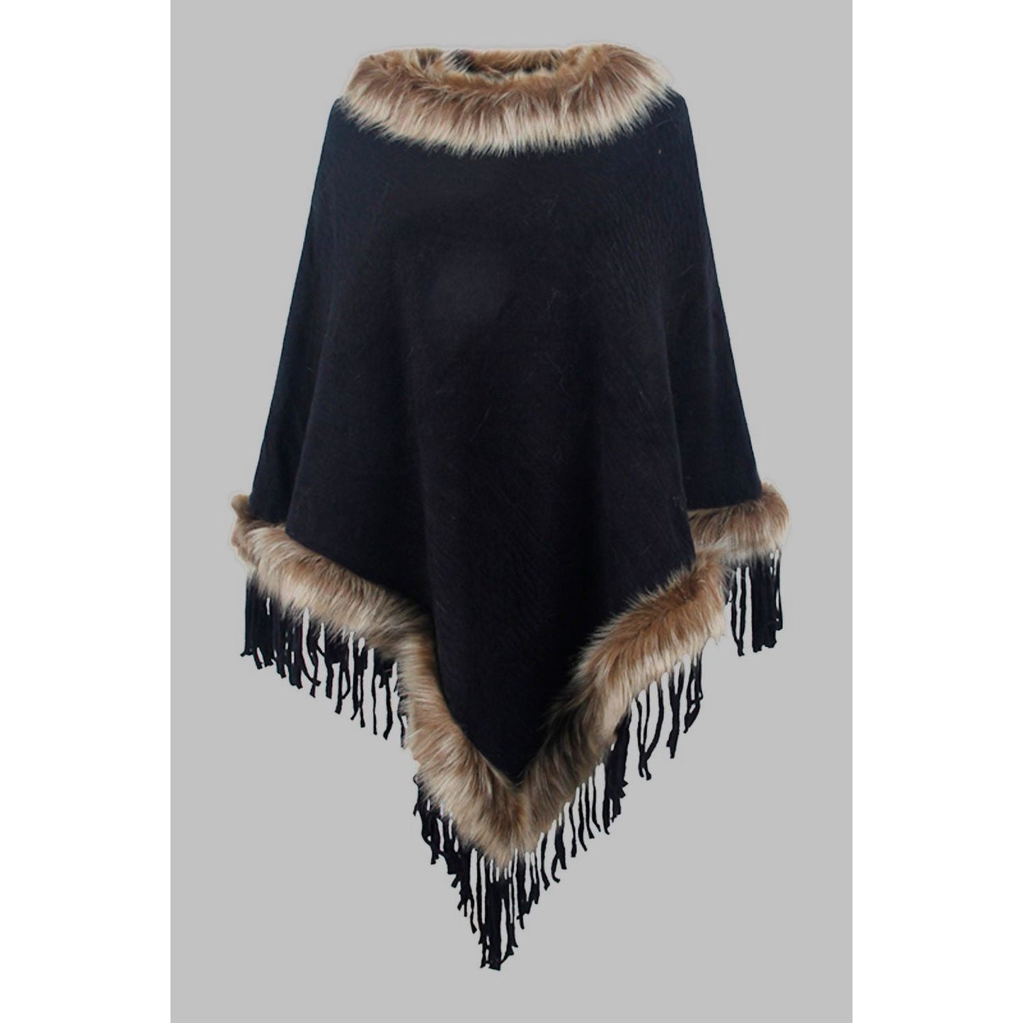 Faux Fur Trim Fringed Poncho