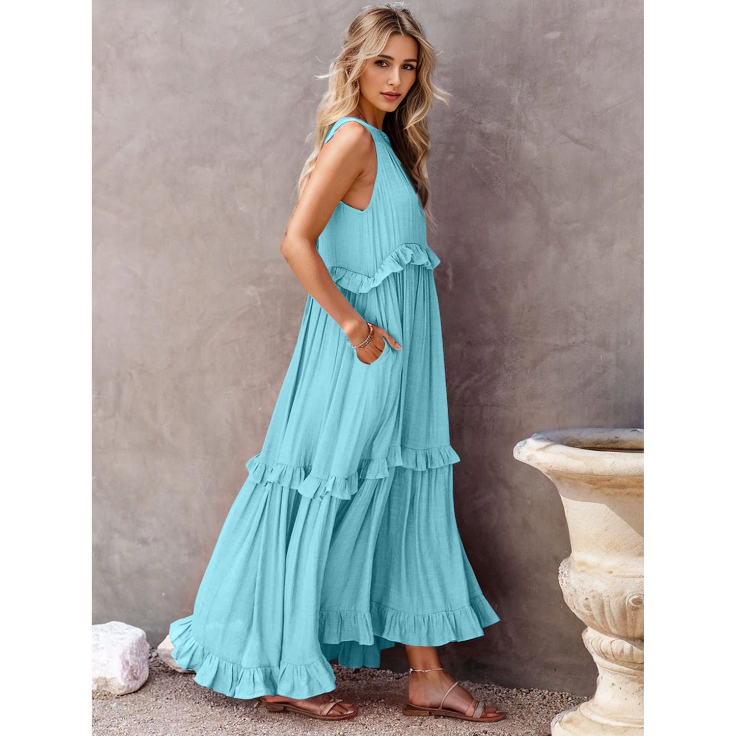 Ruffled Sleeveless Tiered Maxi Dress with Pockets