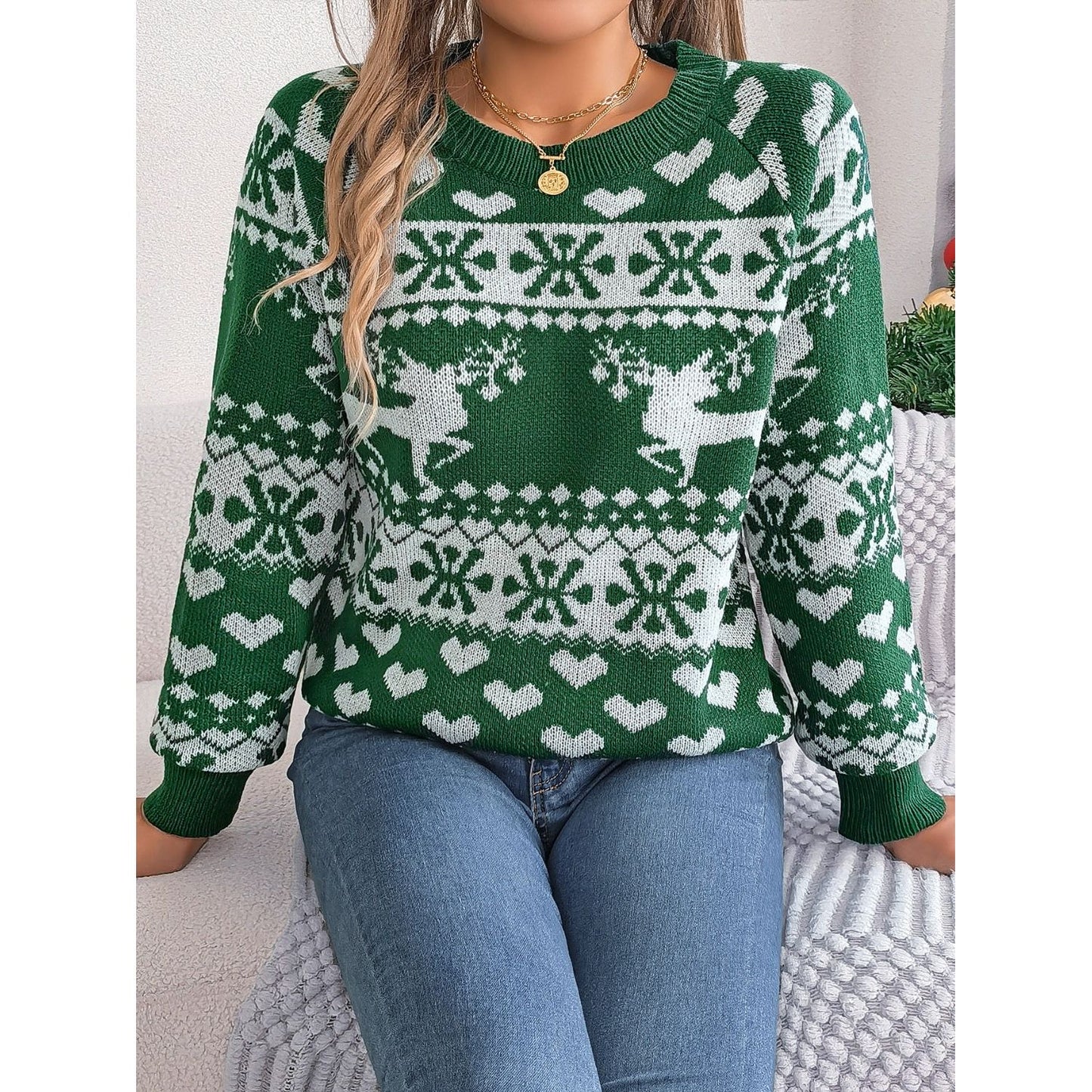 Christmas Element Round Neck Long Sleeve Sweater