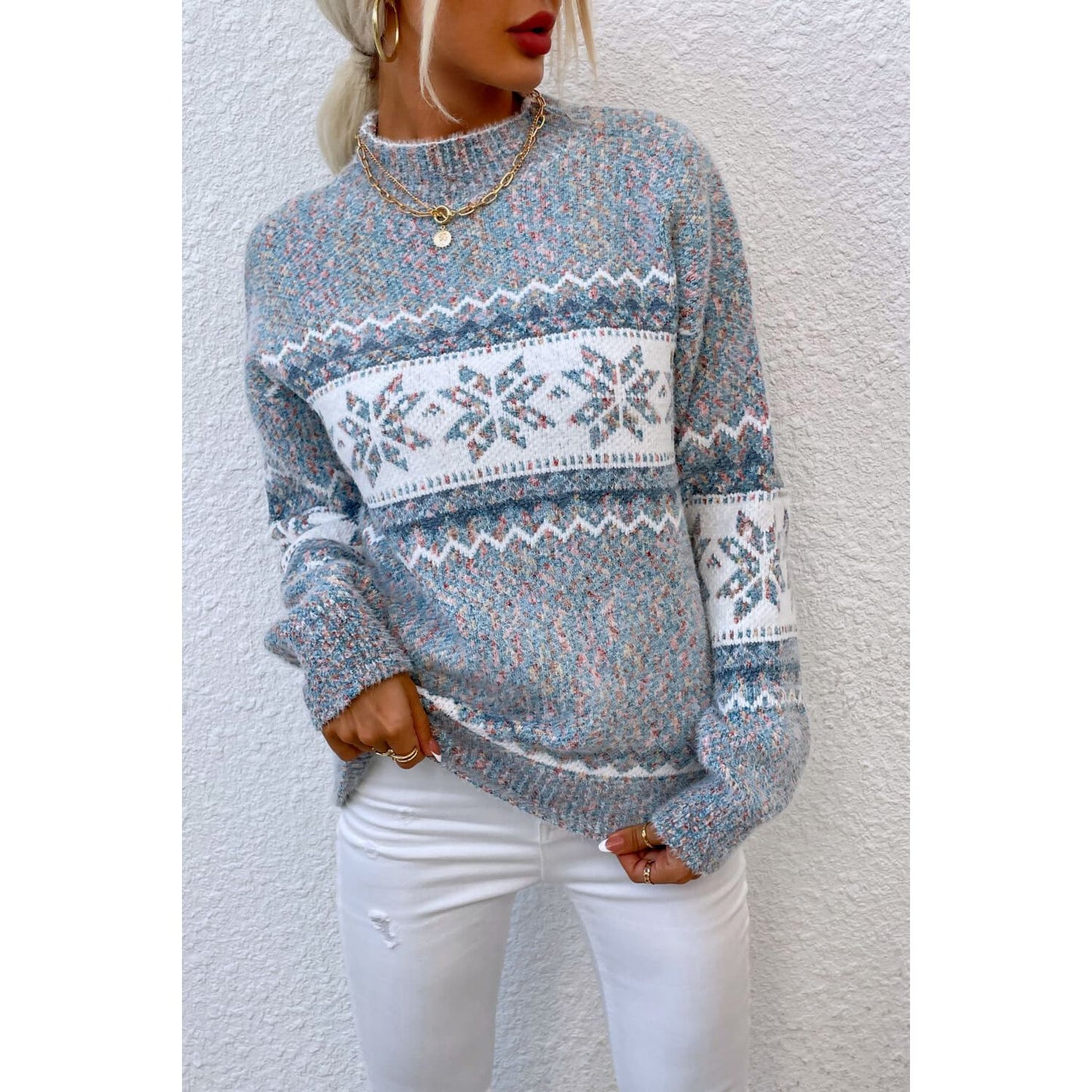 Snowflake Pattern Mock Neck Sweater