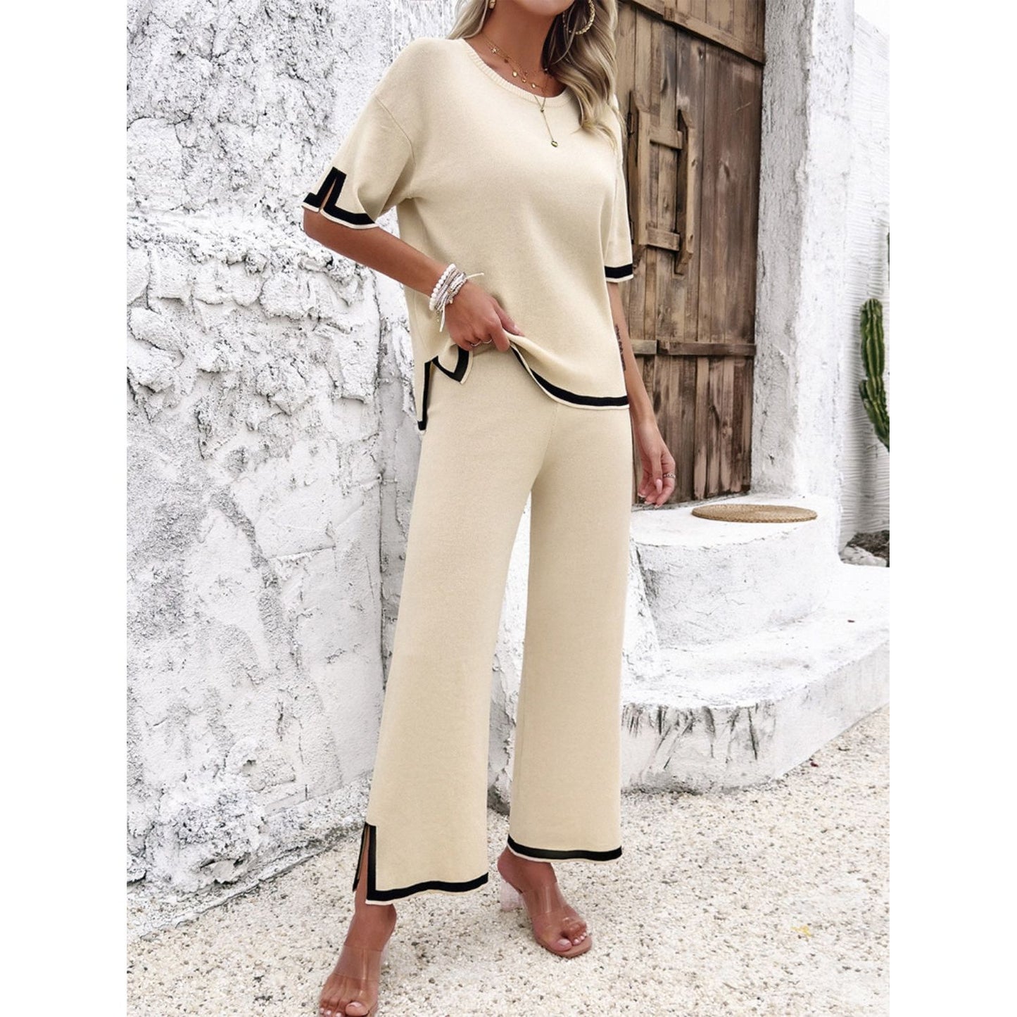 Contrast Trim Round Neck Top and Pants Set