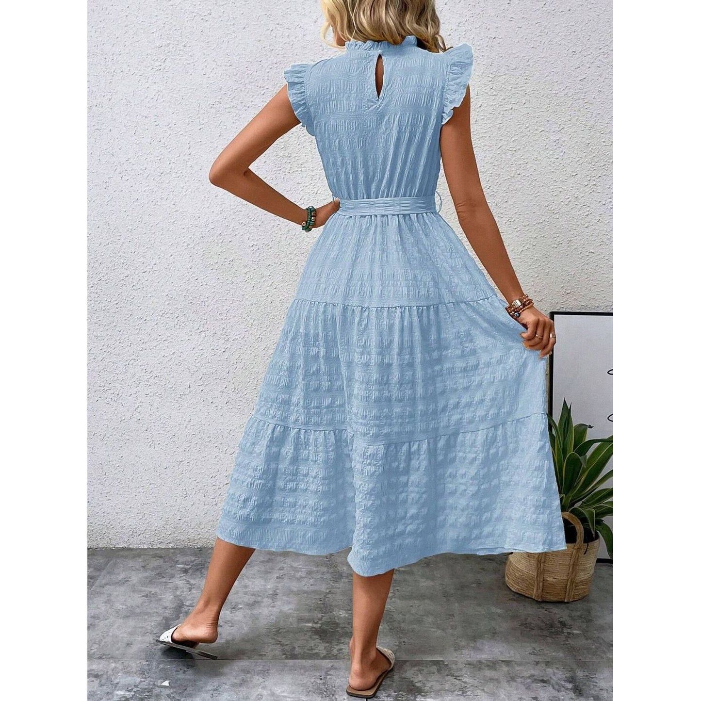 Tied Ruffled Cap Sleeve Midi Dress