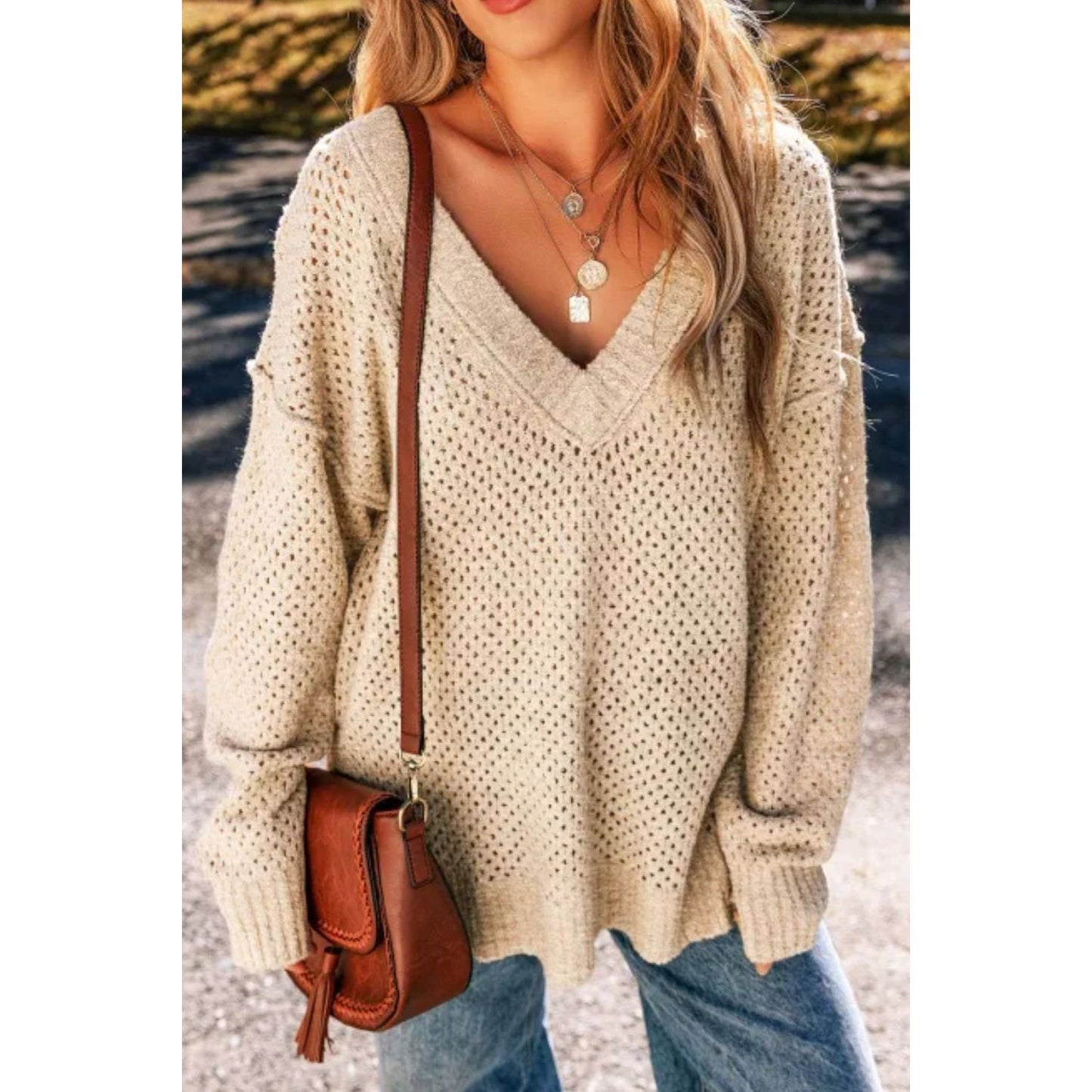 V-Neck Dropped Shoulder Long Sleeve Sweater