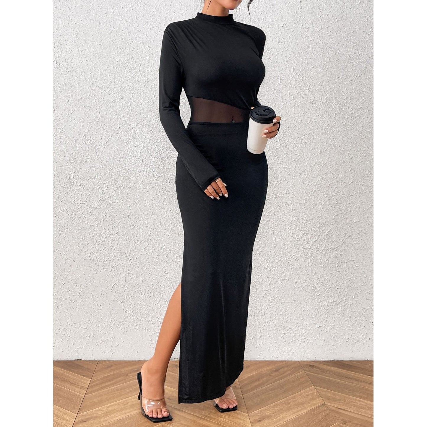 Honey Slit Mock Neck Long Sleeve Maxi Dress