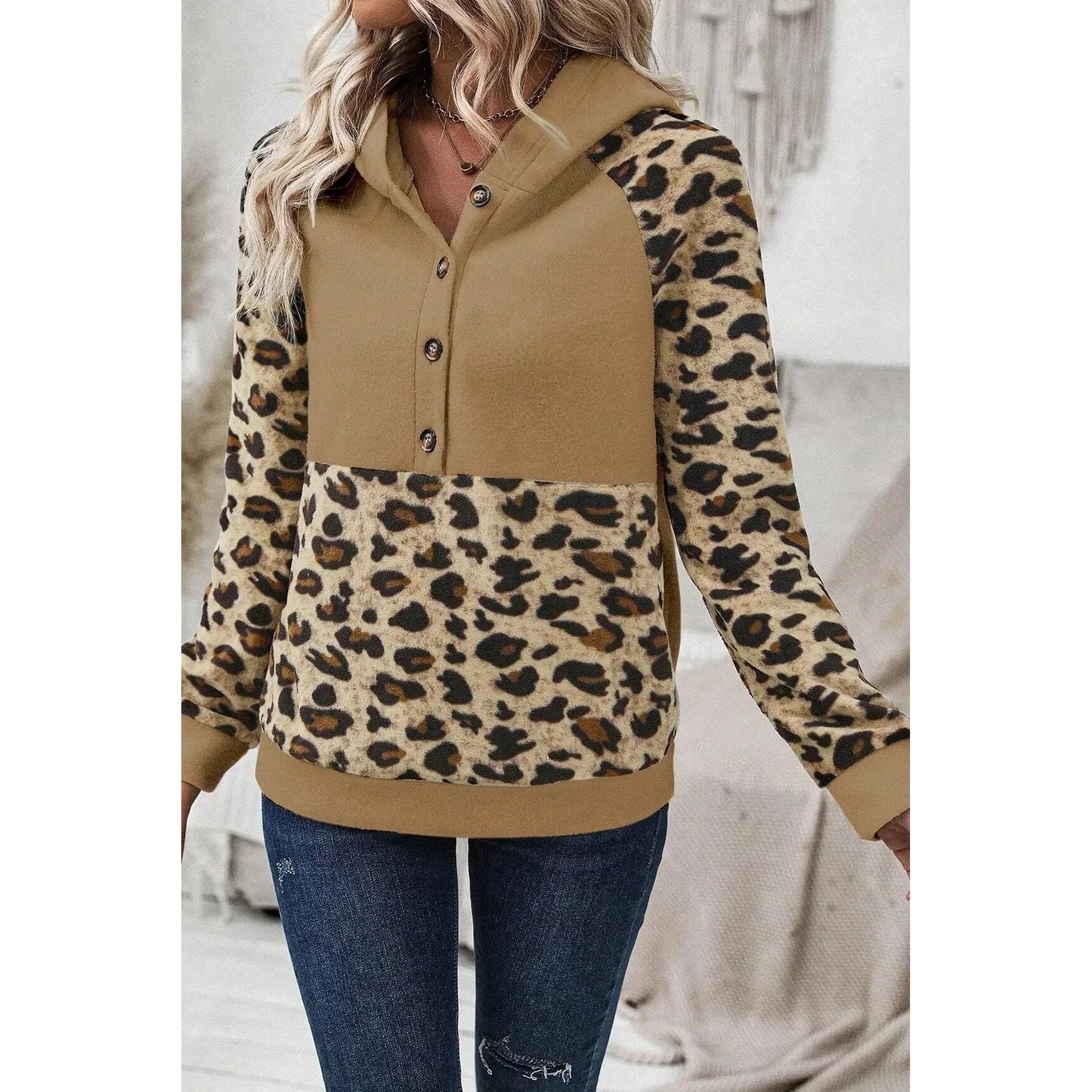 Leopard Half Button Long Sleeve Hoodie