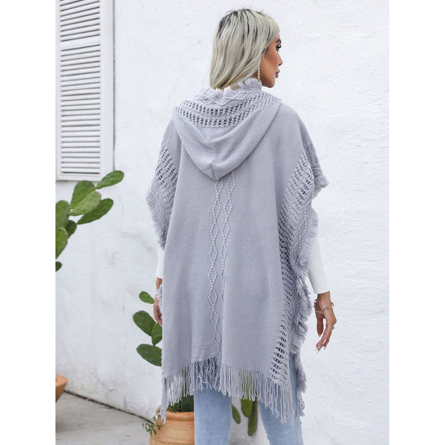 Fringe Trim Buttoned Hooded Poncho