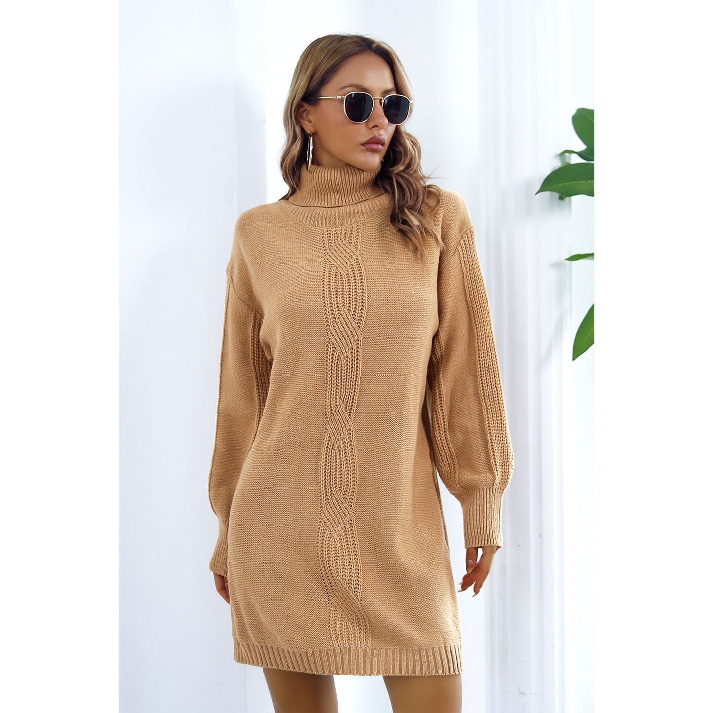 Openwork Turtleneck Long Sleeve Sweater Dress