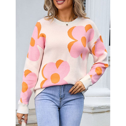 Angel Wings Flower Round Neck Long Sleeve Sweater