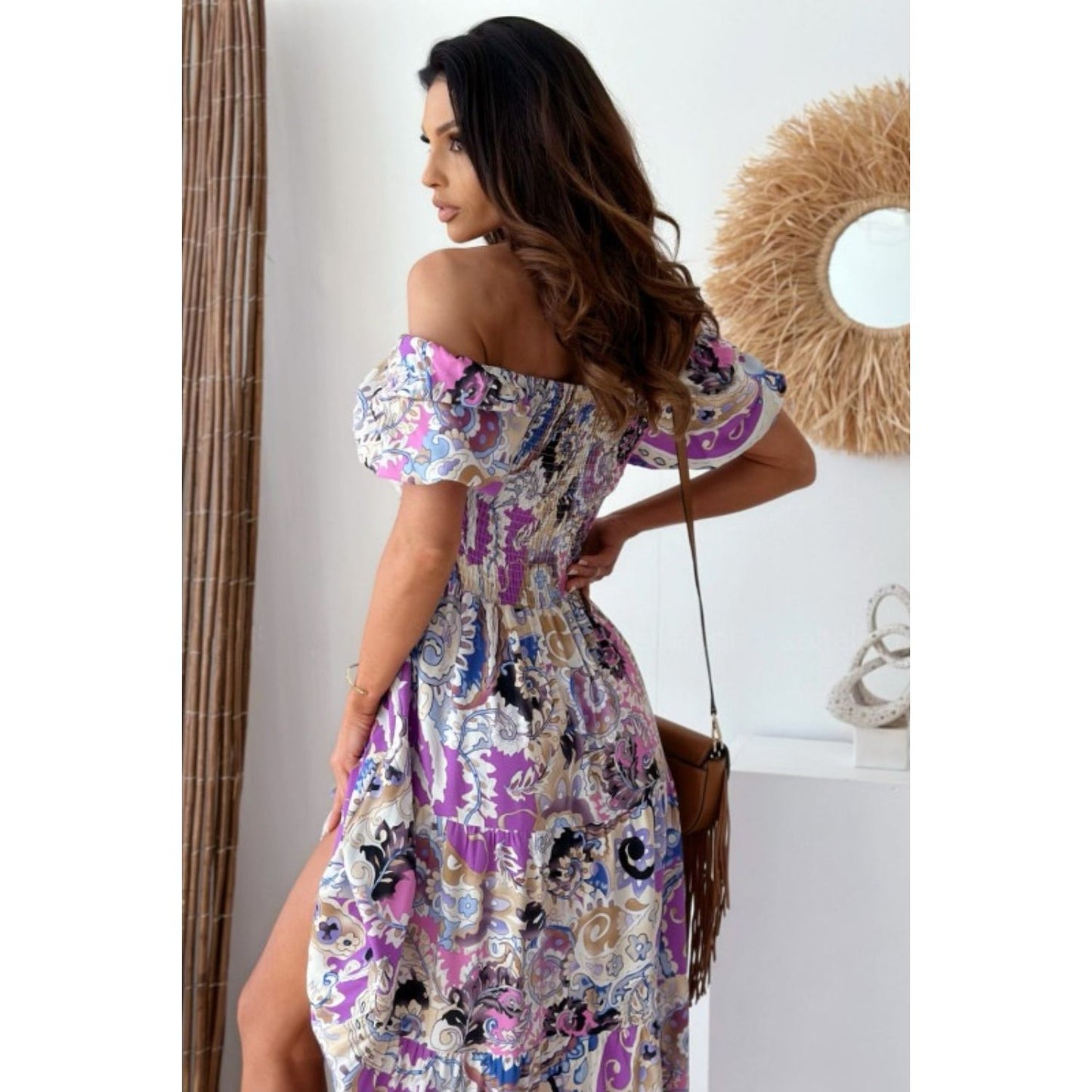 Smocked Printed Short Sleeve Maxi Dress