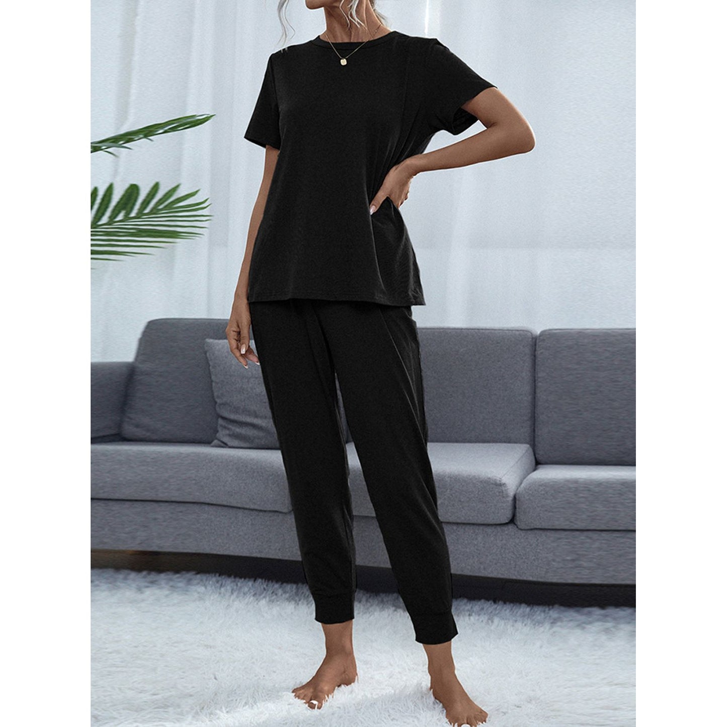 Shiny Round Neck Short Sleeve Top and Pants Set