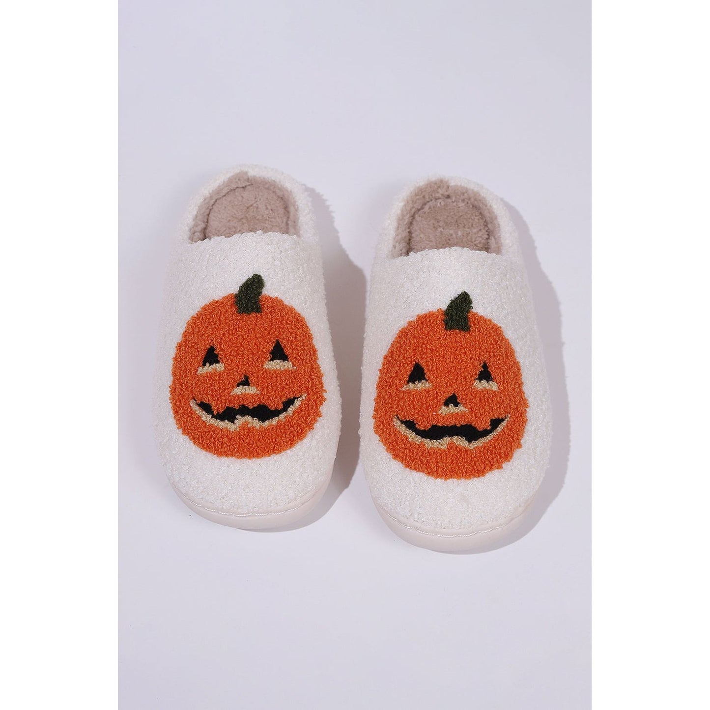 White Halloween Pumpkin Print Plush Slippers (Runs Small, Size Up)