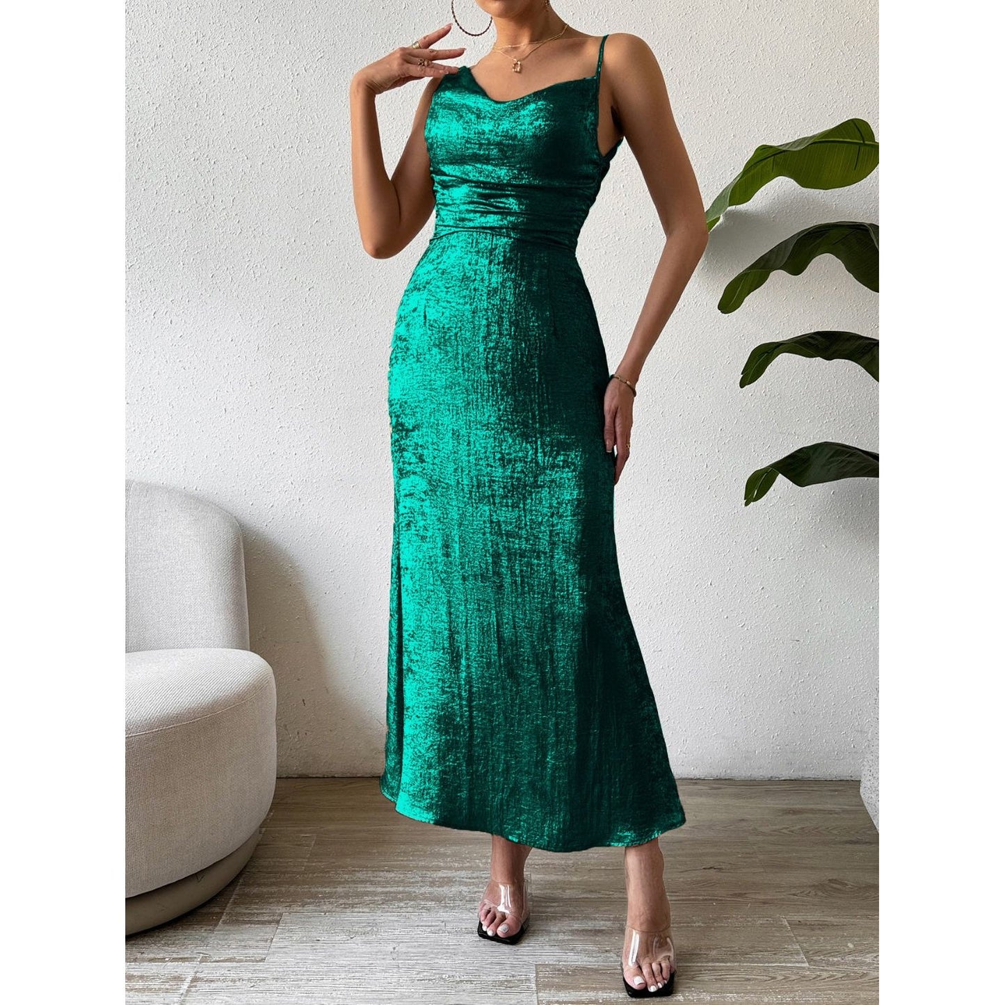 Honey Asymmetric Neck Sleeveless Midi Dress