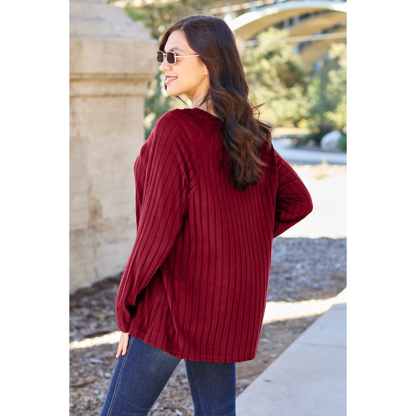 Basic Bae Full Size Ribbed Round Neck Long Sleeve Knit Top