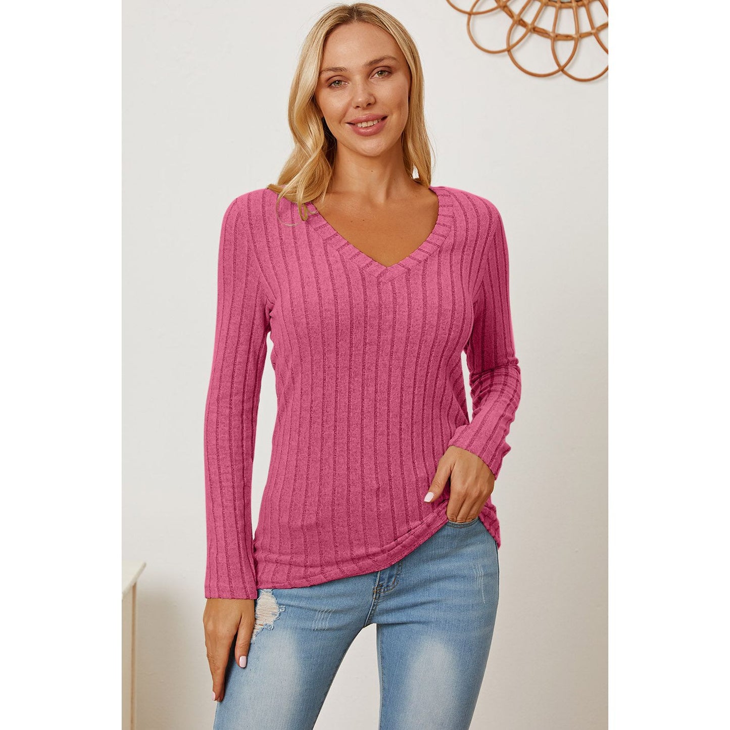 Basic Bae Full Size Ribbed V-Neck Long Sleeve T-Shirt