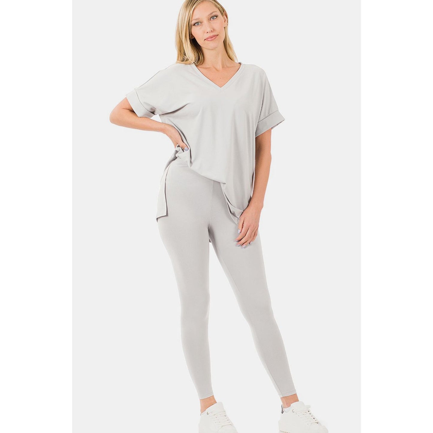 Zenana V-Neck Rolled Short Sleeve T-Shirt and Leggings Lounge Set