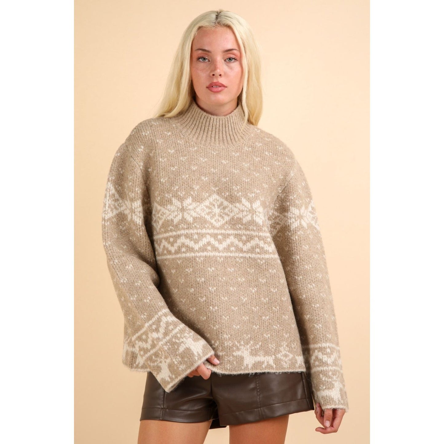 VERY J Christmas Element Mock Neck Long Sleeve Sweater