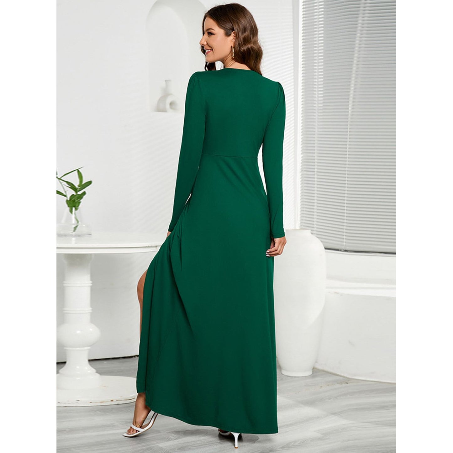 V-Neck Long Sleeve Split Dress