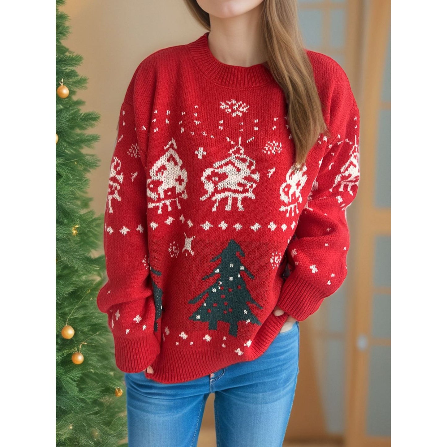 Christmas Element Round Neck Long Sleeve Sweater