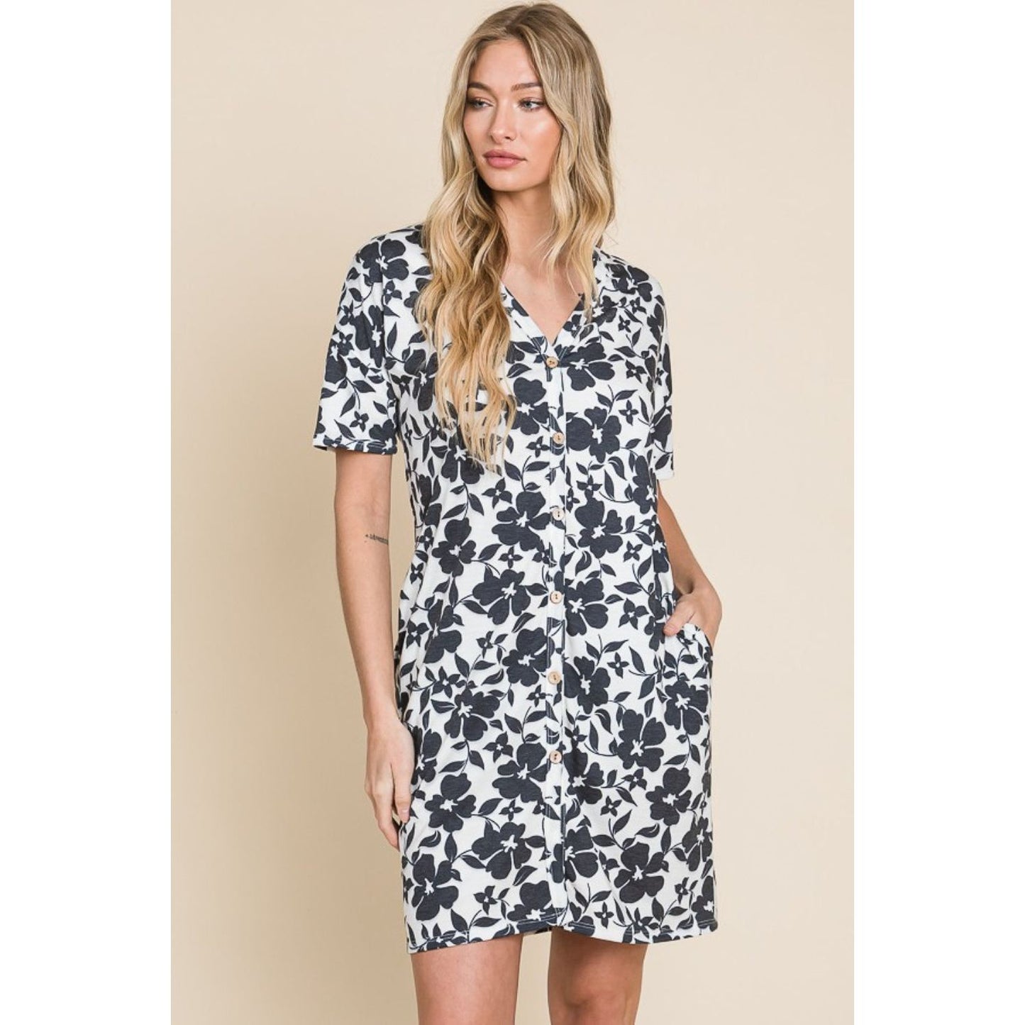 BOMBOM Floral Button Down Mini Dress