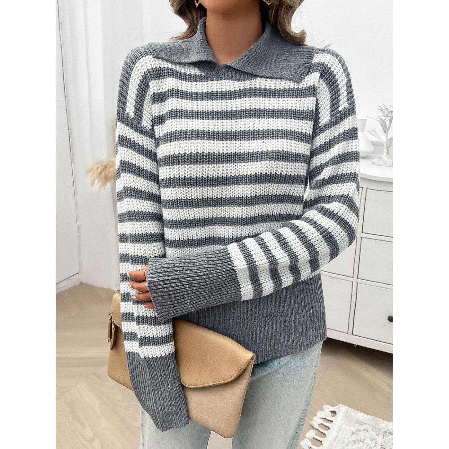 Devine Striped Collared Neck Long Sleeve Sweater