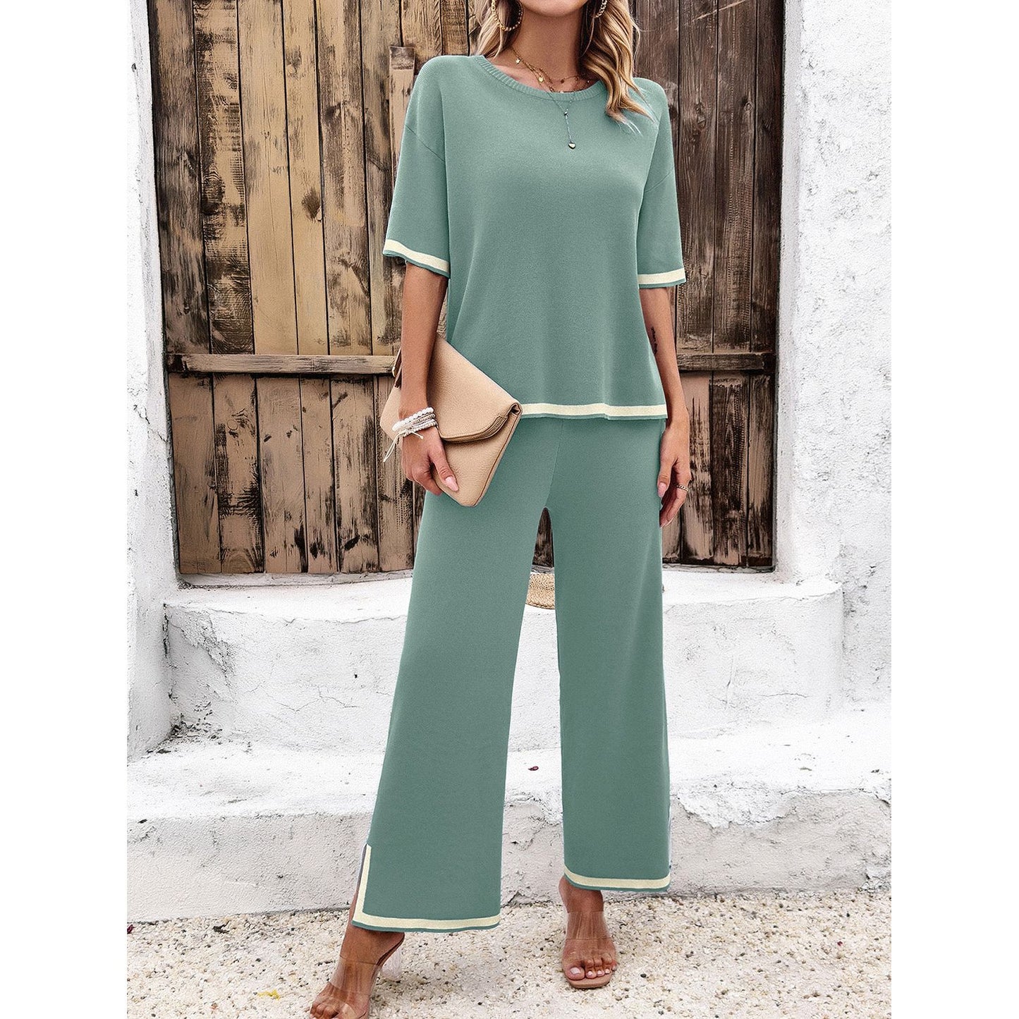 Contrast Trim Round Neck Top and Pants Set