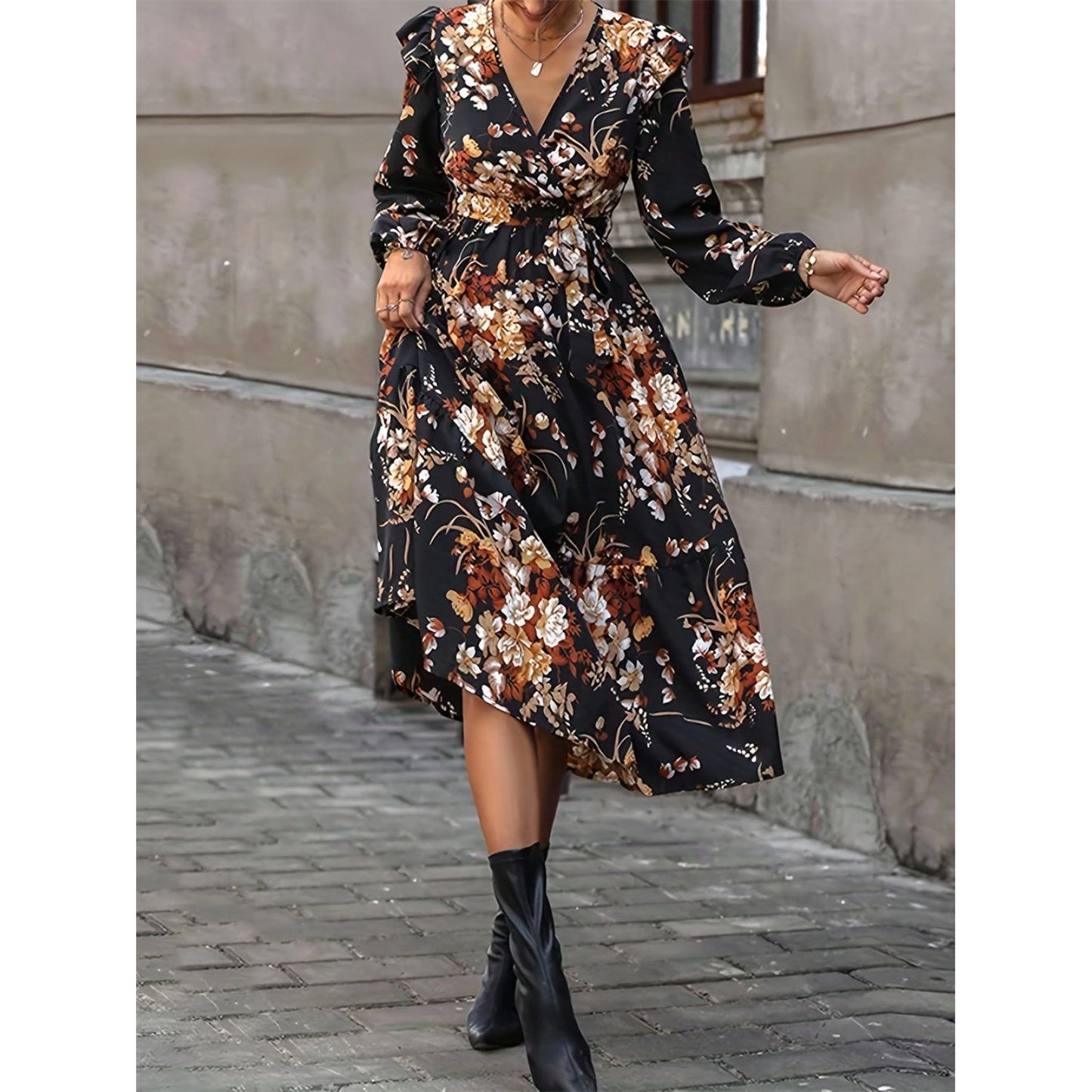 Ruffled Printed Surplice Long Sleeve Midi Dress