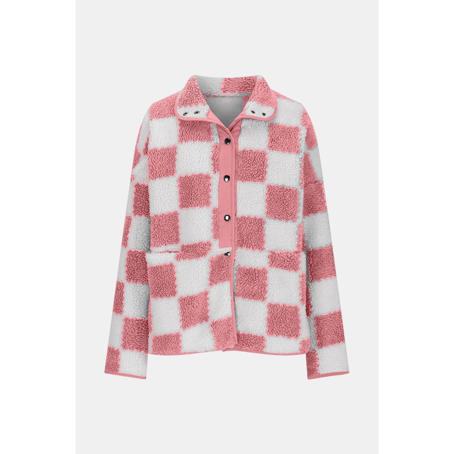 Checkered Snap Down Long Sleeve Teddy Jacket