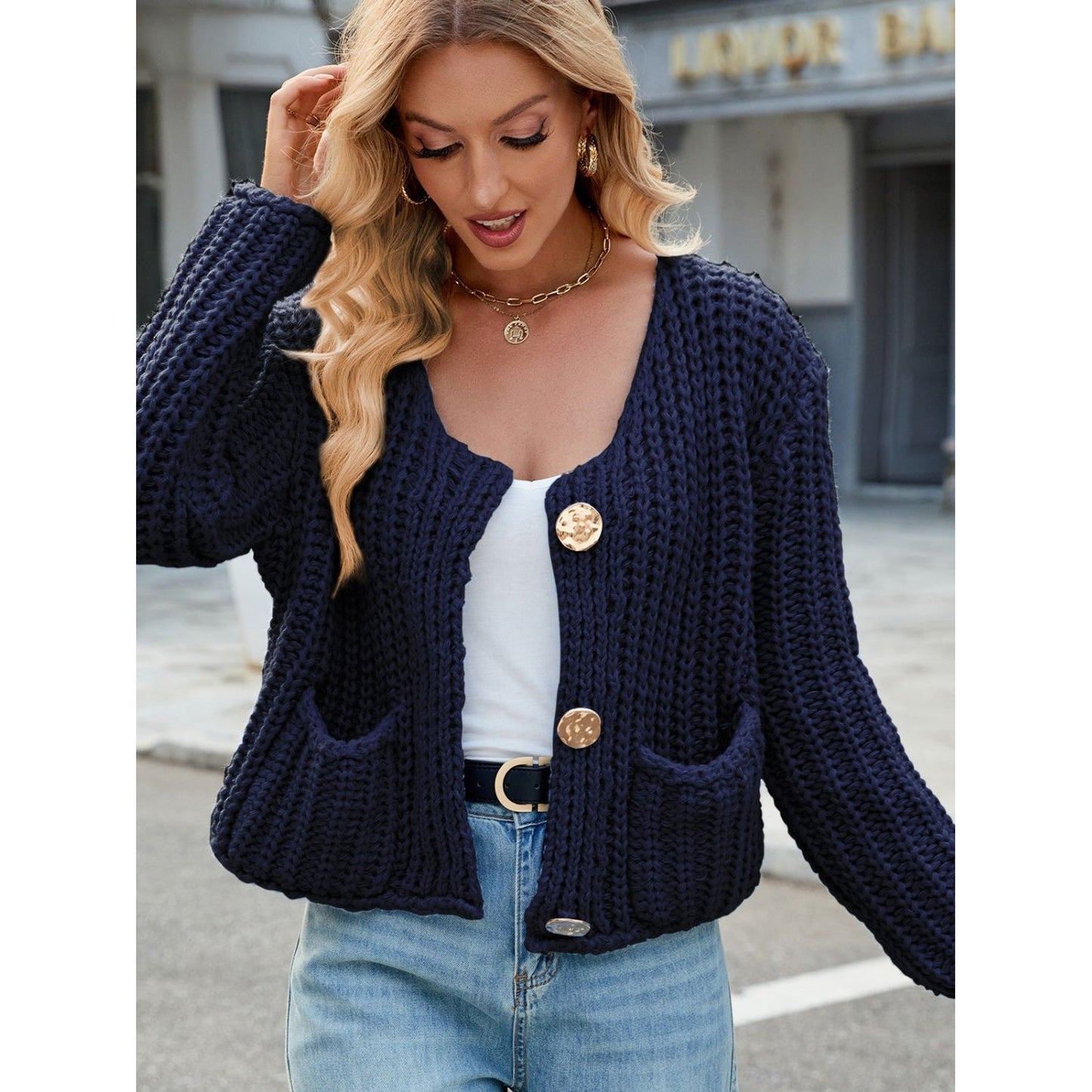 Round Neck Button Up Cardigan with Pockets