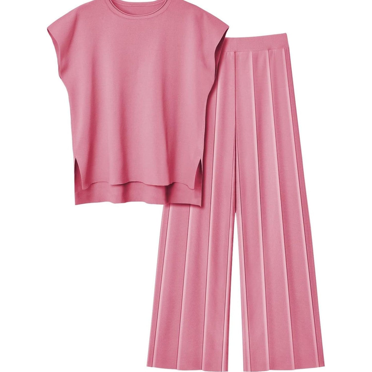 Round Neck Cap Sleeve Top and Pants Knit Set