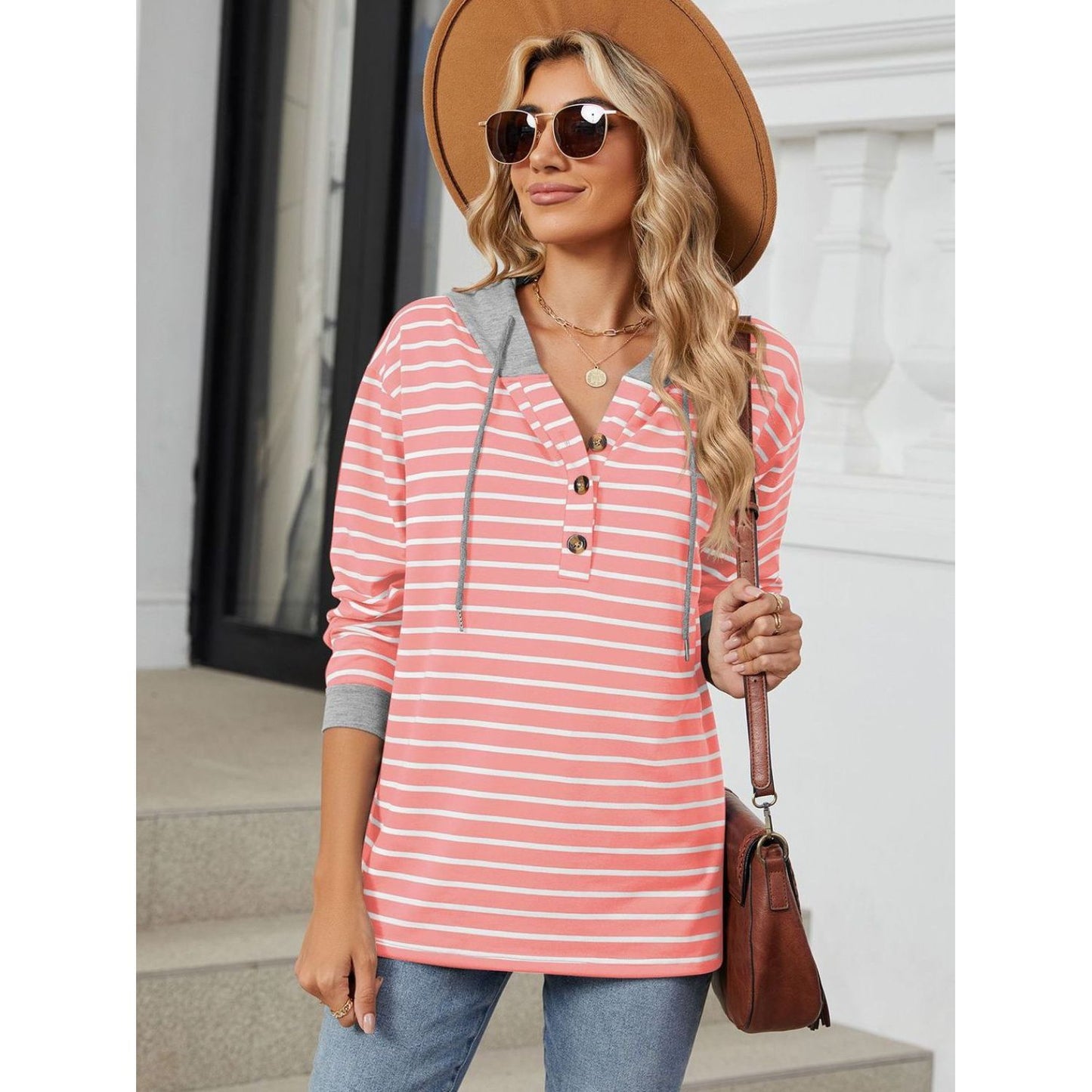 Drawstring Striped Long Sleeve Hoodie