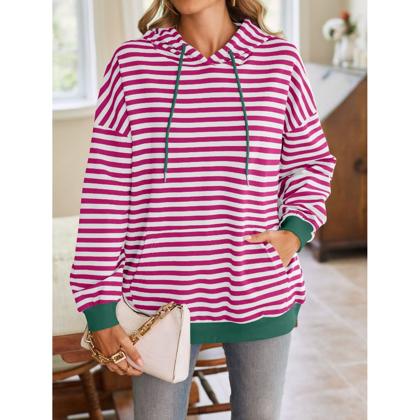 Lovelet Drawstring Striped Long Sleeve Hoodie