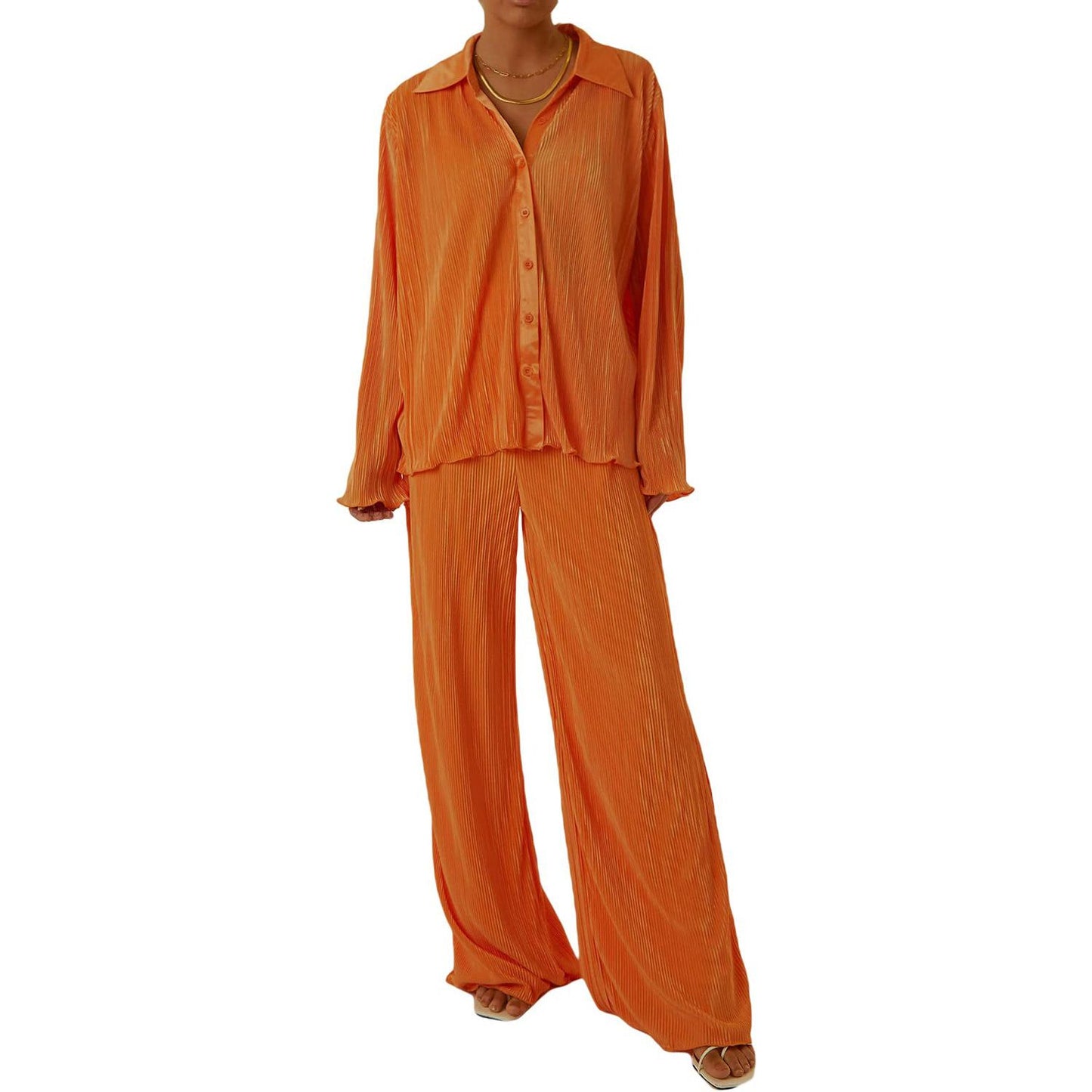 Collared Neck Long Sleeve Top and Pants Lounge Set