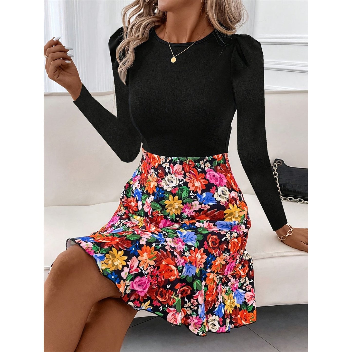 Floral Round Neck Long Sleeve Dress