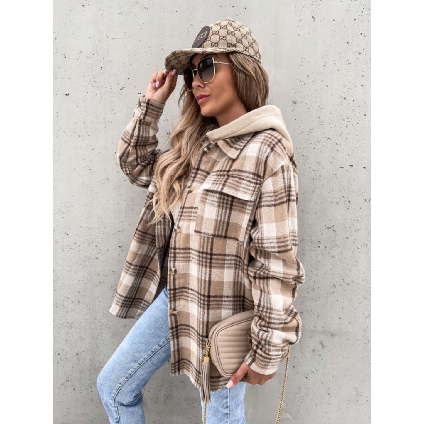 Plaid Dropped Shoulder Hooded Jacket