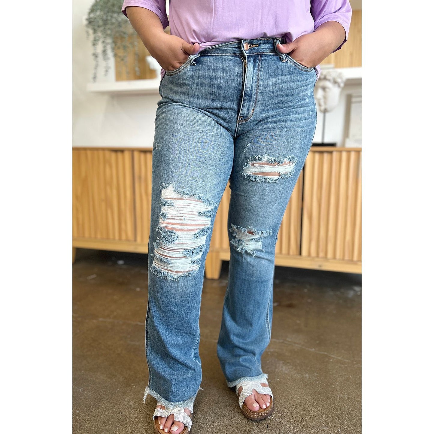 Judy Blue Full Size Distressed Raw Hem Bootcut Jeans