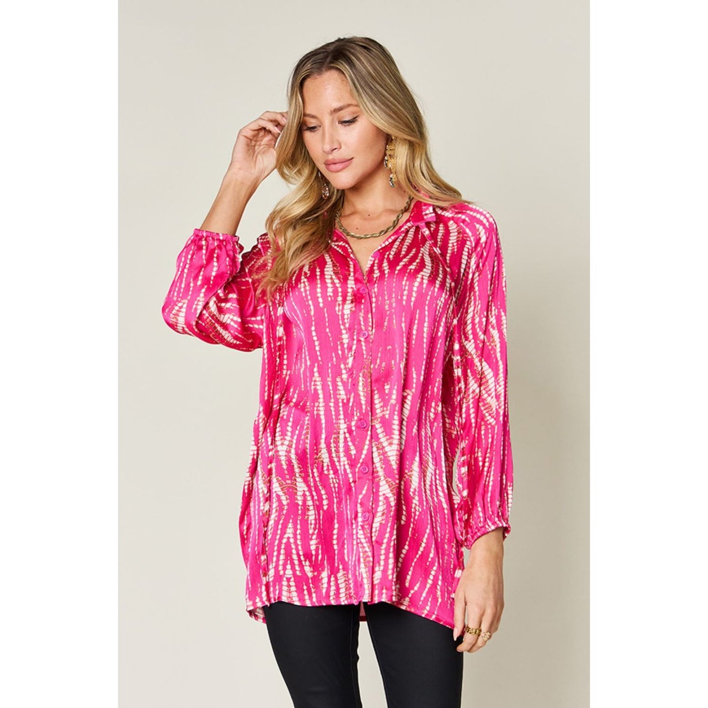 Double Take Full Size Printed Button Up Long Sleeve Shirt