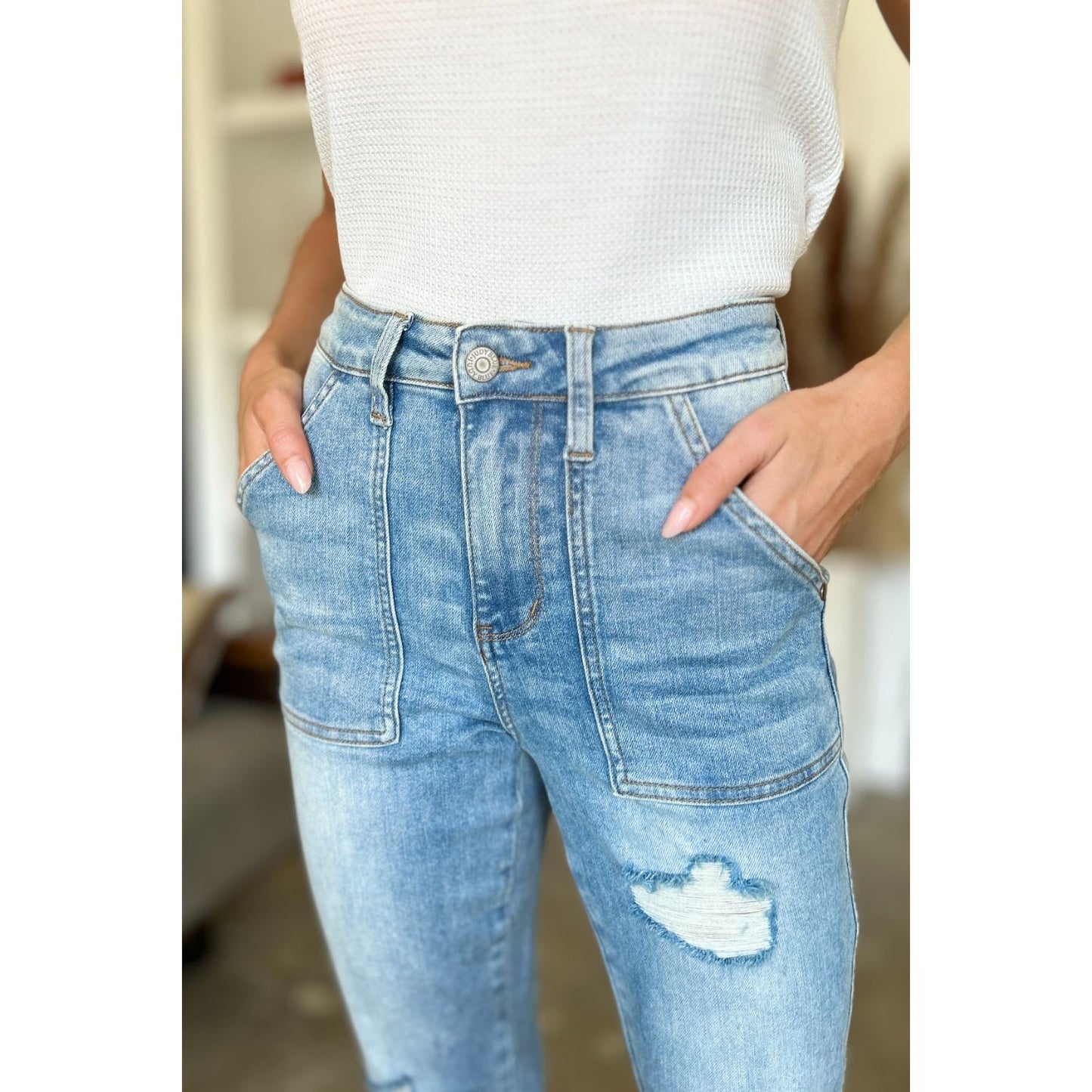 Judy Blue Full Size Distressed Straight Jeans with Patch Pockets