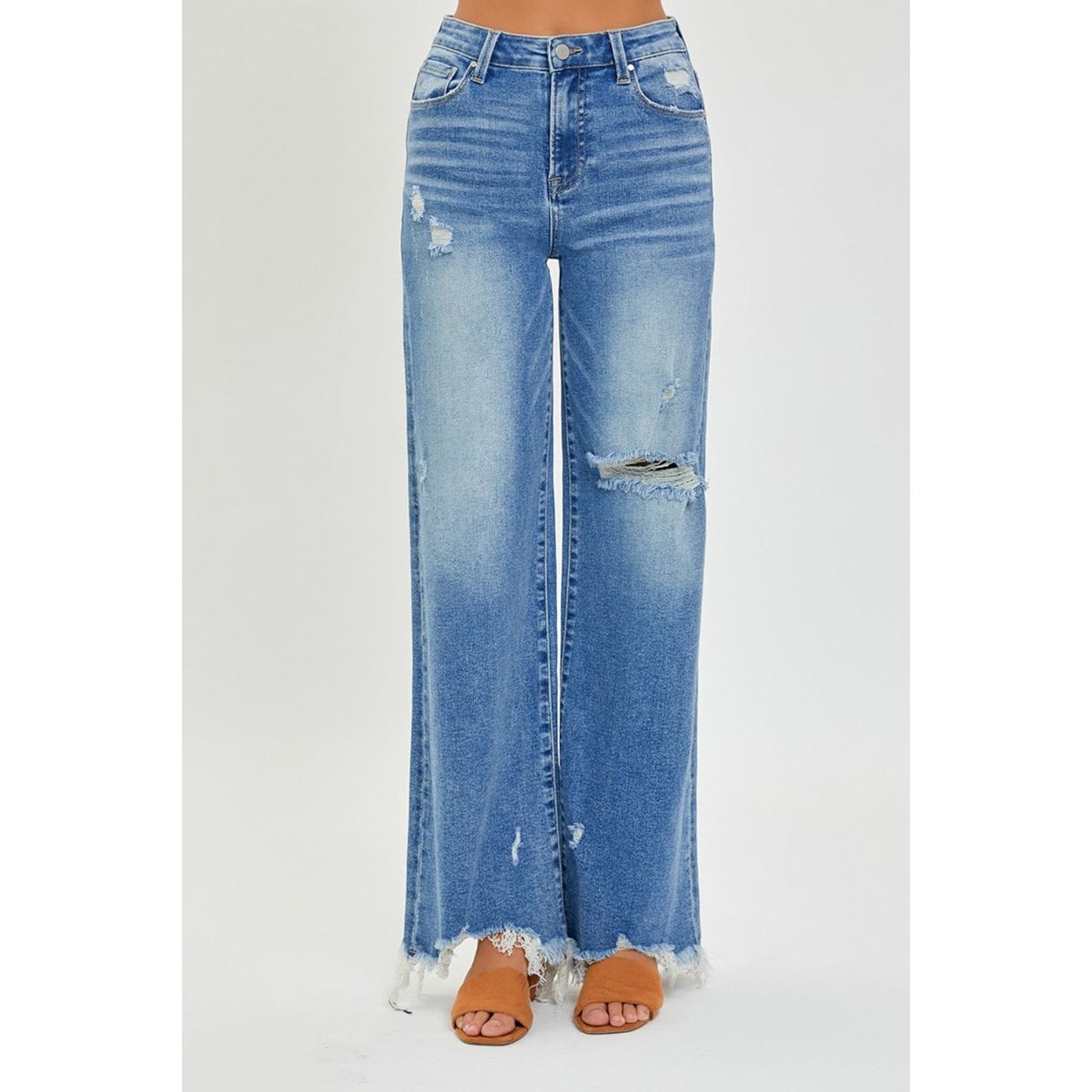 RISEN Full Size High Rise Frayed Hem Wide Leg Jeans