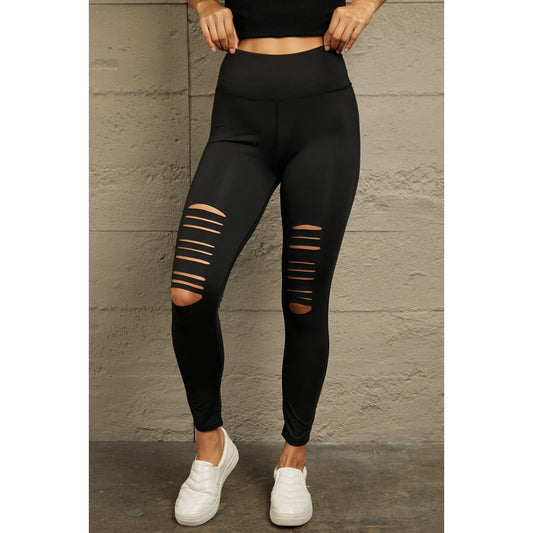 Double Take Wide Waistband Distressed Slim Fit Leggings