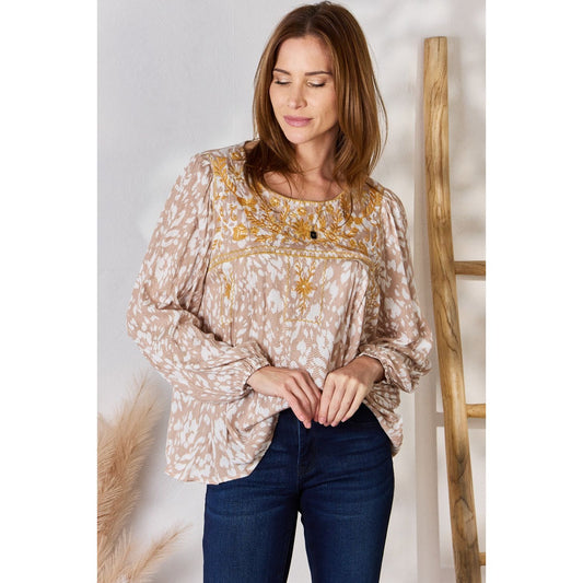 Hailey & Co Embroidered Printed Balloon Sleeve Blouse