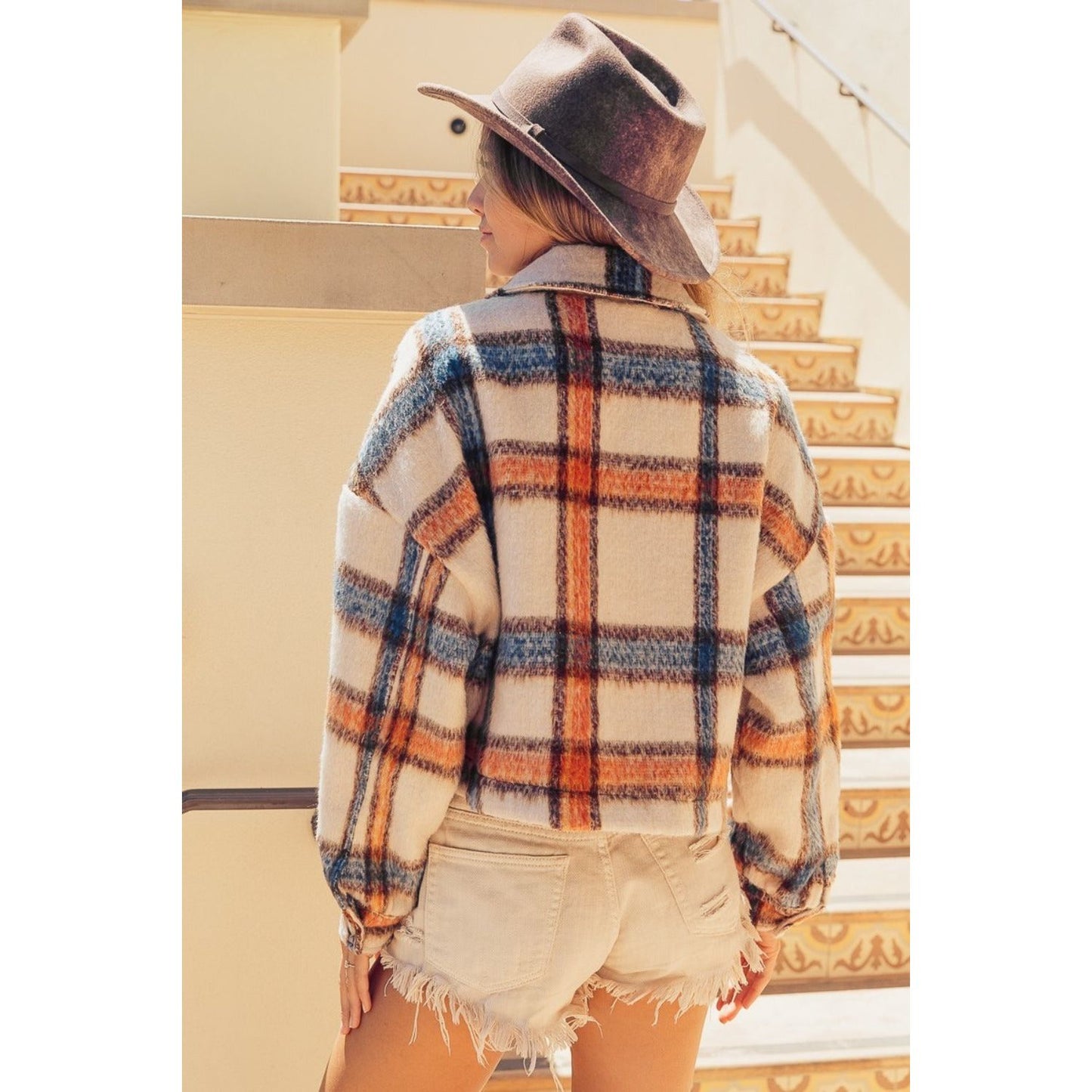 BiBi Brushed Plaid Crop Jacket with Pockets