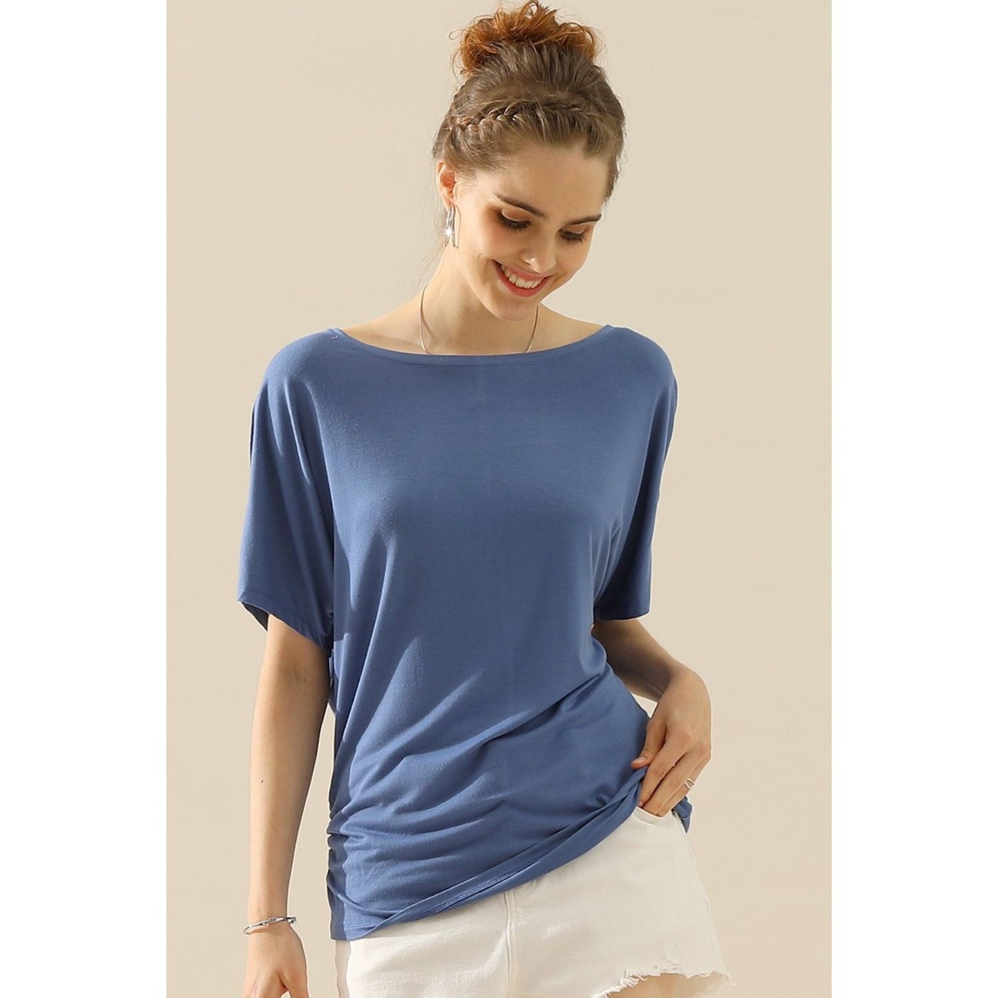 Ninexis Boat Neck Short Sleeve Ruched Side Top